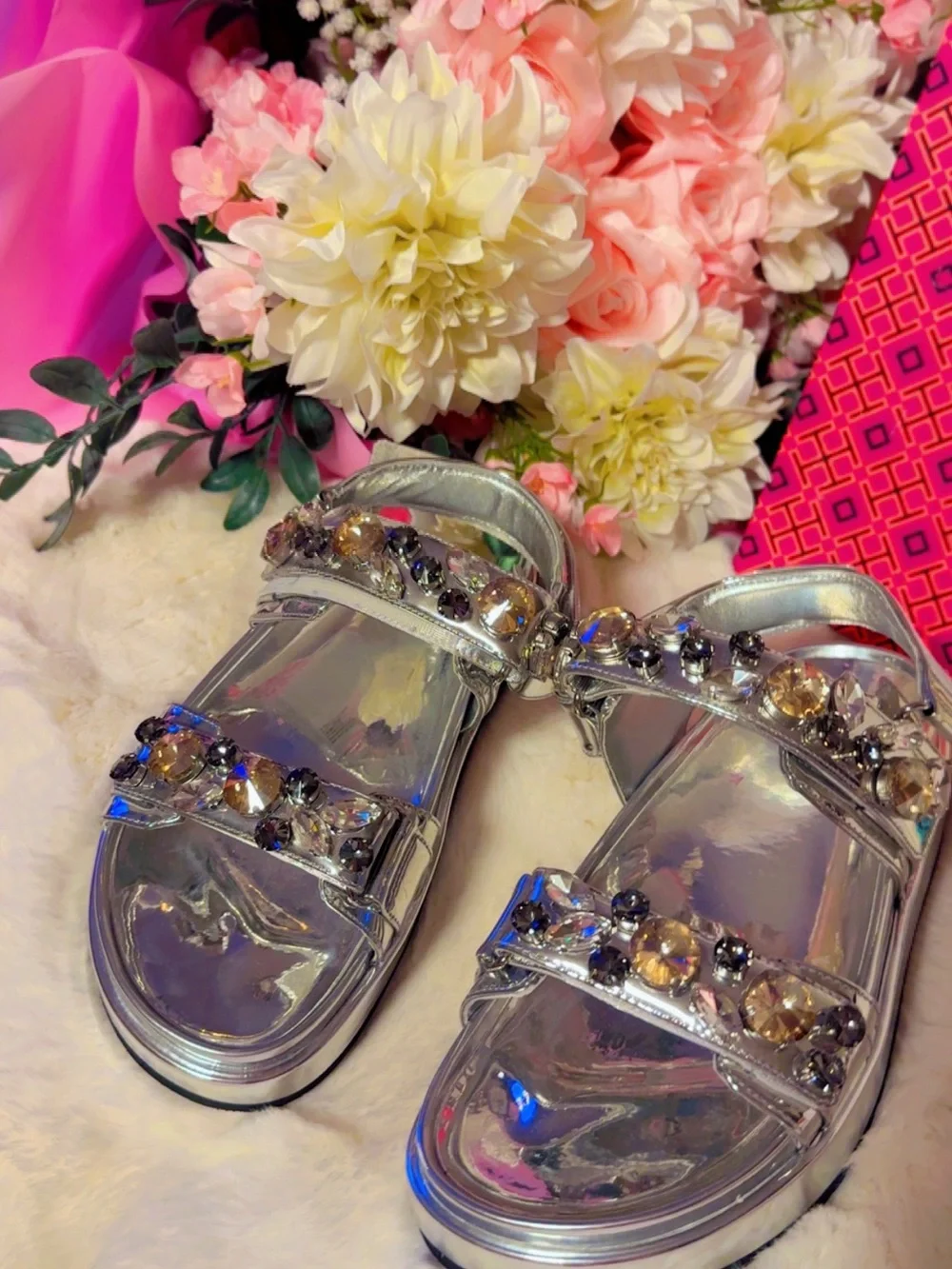 Tory Burch Girls' Silver Jeweled Slide Sandals